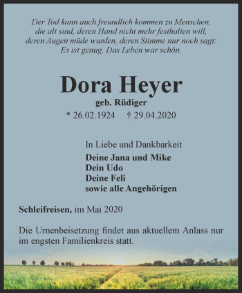 Traueranzeige von Dora Heyer von Ostthüringer Zeitung