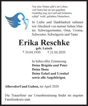 Traueranzeige von Erika Reschke von Ostthüringer Zeitung