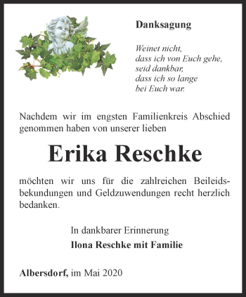 Traueranzeige von Erika Reschke von Ostthüringer Zeitung