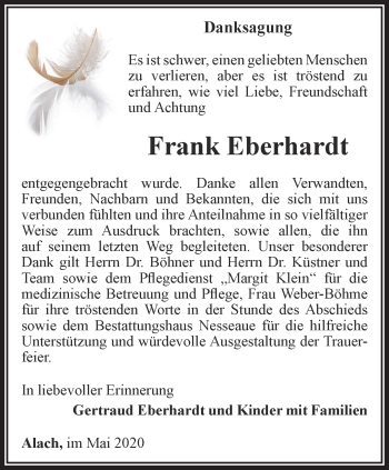 Traueranzeige von Frank Eberhardt von Thüringer Allgemeine, Thüringische Landeszeitung