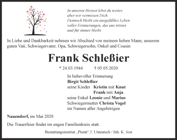 Traueranzeige von Frank Schleßier von Ostthüringer Zeitung