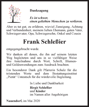 Traueranzeige von Frank Schleßier von Ostthüringer Zeitung