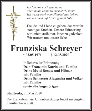 Traueranzeige von Franziska Schreyer von Ostthüringer Zeitung