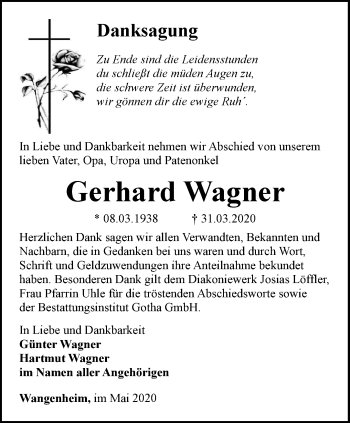 Traueranzeige von Gerhard Wagner von Ostthüringer Zeitung, Thüringische Landeszeitung