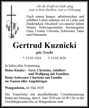 Traueranzeige von Gertrud Kuznicki von Ostthüringer Zeitung, Thüringische Landeszeitung