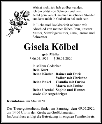 Traueranzeige von Gisela Kölbel von Thüringer Allgemeine, Thüringische Landeszeitung
