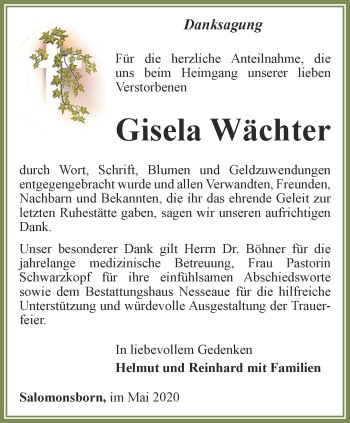 Traueranzeige von Gisela Wächter von Thüringer Allgemeine, Thüringische Landeszeitung