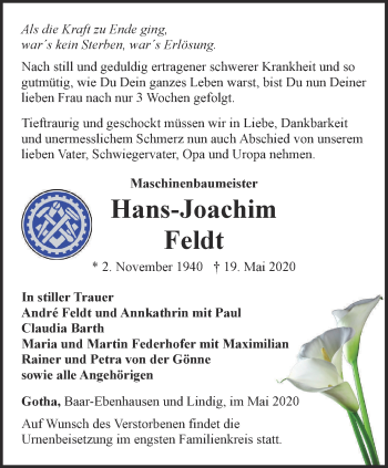 Traueranzeige von Hans-Joachim Feldt von Ostthüringer Zeitung, Thüringische Landeszeitung