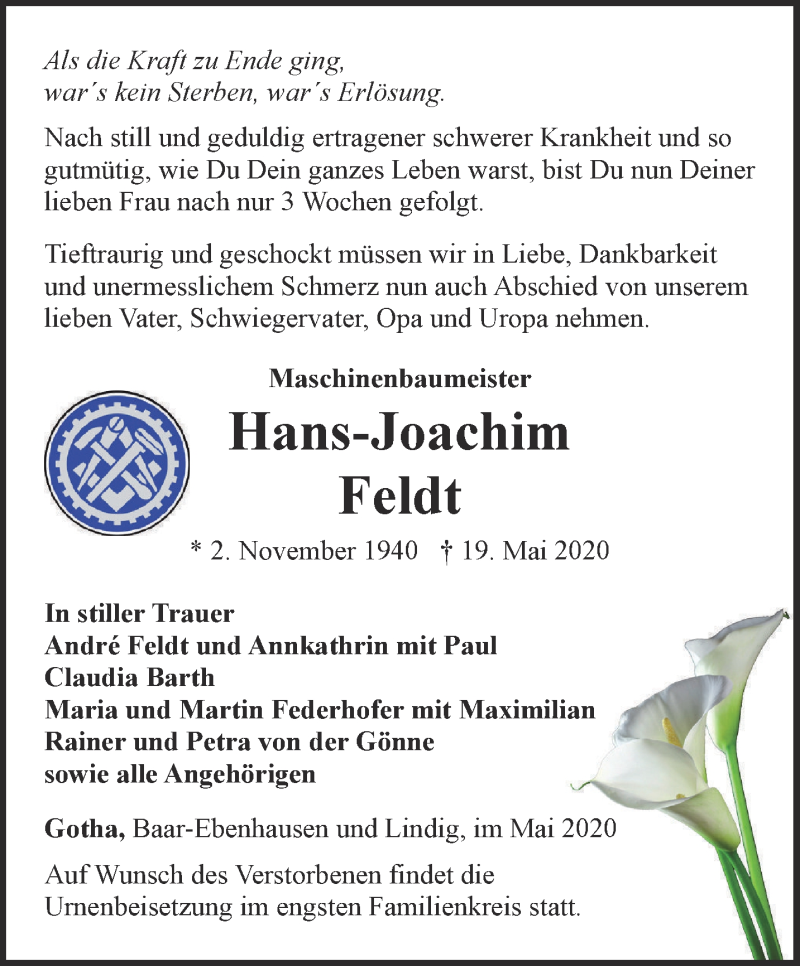  Traueranzeige für Hans-Joachim Feldt vom 23.05.2020 aus Ostthüringer Zeitung, Thüringische Landeszeitung