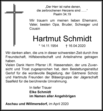 Traueranzeige von Hartmut Schmidt von Ostthüringer Zeitung