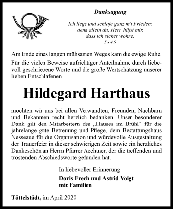 Traueranzeige von Hildegard Harthaus von Thüringer Allgemeine, Thüringische Landeszeitung