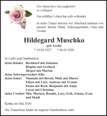 Traueranzeige von Hildegard Muschko von Ostthüringer Zeitung