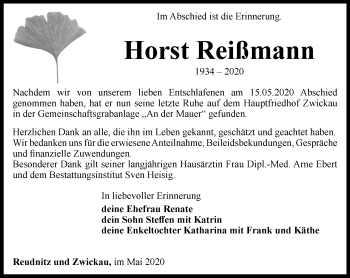 Traueranzeige von Horst Reißmann von Ostthüringer Zeitung