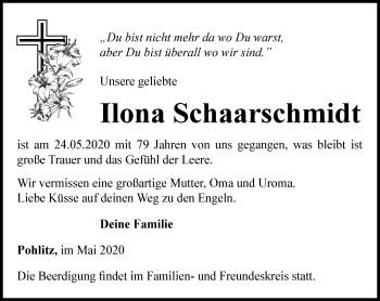 Traueranzeige von Ilona Schaarschmidt von Ostthüringer Zeitung