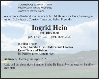 Traueranzeige von Ingrid Hein von Thüringer Allgemeine