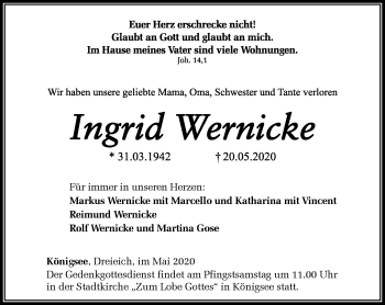 Traueranzeige von Ingrid Wernicke von Ostthüringer Zeitung