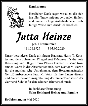 Traueranzeige von Jutta Heinze von Ostthüringer Zeitung