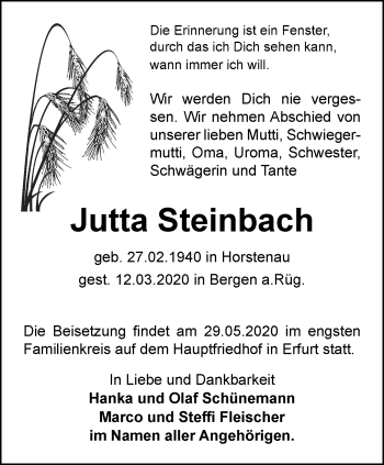 Traueranzeige von Jutta Steinbach von Thüringer Allgemeine, Thüringische Landeszeitung