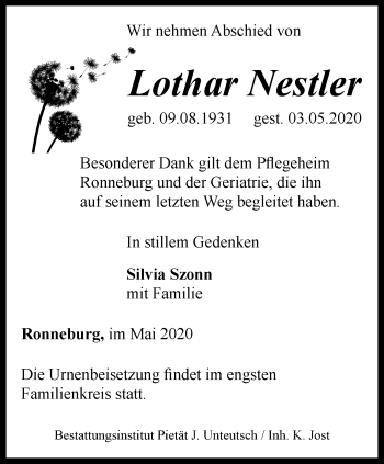 Traueranzeige von Lothar Nestler von Ostthüringer Zeitung