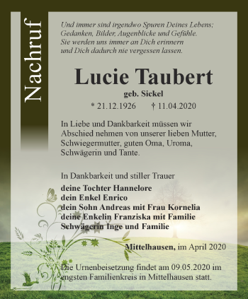 Traueranzeige von Lucie Taubert von Thüringer Allgemeine, Thüringische Landeszeitung