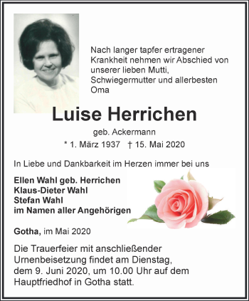 Traueranzeige von Luise Herrichen von Ostthüringer Zeitung, Thüringische Landeszeitung