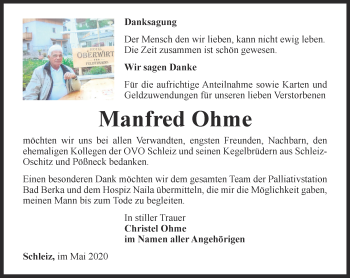 Traueranzeige von Manfred Ohme von Ostthüringer Zeitung
