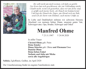 Traueranzeige von Manfred Ohme von Ostthüringer Zeitung
