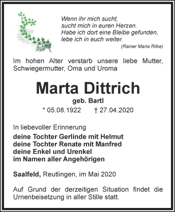 Traueranzeige von Marta Dittrich von Ostthüringer Zeitung