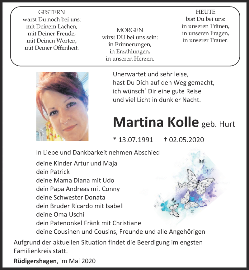  Traueranzeige für Martina Kolle vom 09.05.2020 aus Thüringer Allgemeine