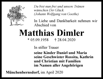 Traueranzeige von Matthias Dimler von Ostthüringer Zeitung