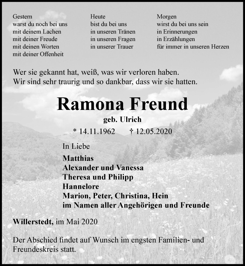  Traueranzeige für Ramona Freund vom 16.05.2020 aus Thüringer Allgemeine, Thüringische Landeszeitung