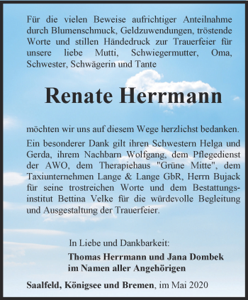 Traueranzeige von Renate Herrmann von Ostthüringer Zeitung