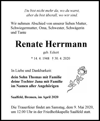 Traueranzeige von Renate Herrmann von Ostthüringer Zeitung