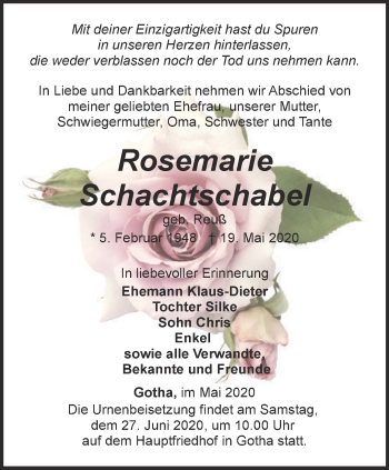 Traueranzeige von Rosemarie Schachtschabel von Ostthüringer Zeitung, Thüringische Landeszeitung