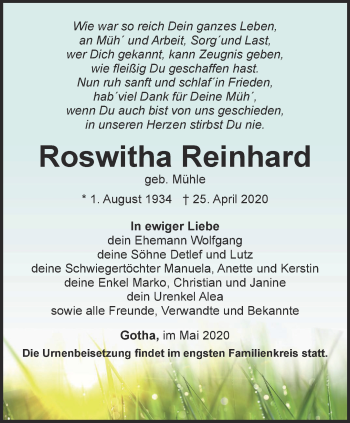 Traueranzeige von Roswitha Reinhard von Ostthüringer Zeitung, Thüringische Landeszeitung