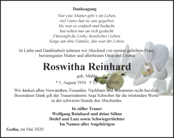 Traueranzeige von Roswitha Reinhard von Ostthüringer Zeitung, Thüringische Landeszeitung