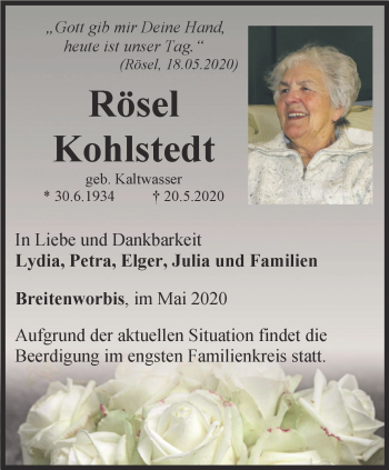 Traueranzeige von Rösel Kohlstedt von Thüringer Allgemeine