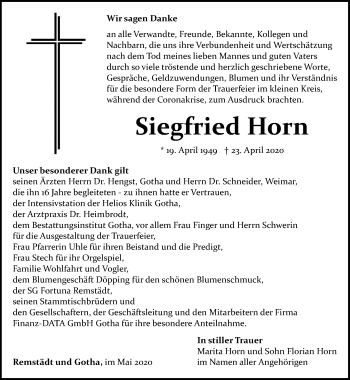 Traueranzeige von Siegfried Horn von Ostthüringer Zeitung, Thüringische Landeszeitung
