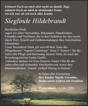 Traueranzeige von Sieglinde Hildebrandt von Ostthüringer Zeitung, Thüringische Landeszeitung