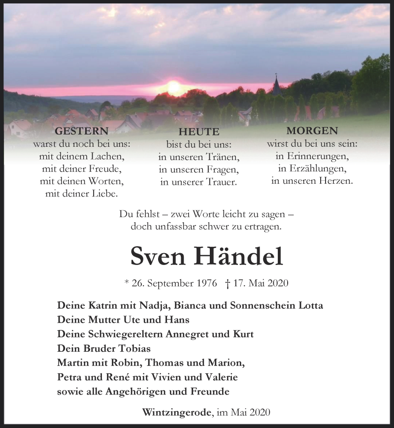  Traueranzeige für Sven Händel vom 21.05.2020 aus Thüringer Allgemeine