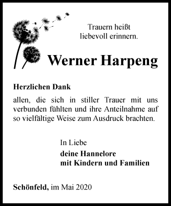 Traueranzeige von Werner Harpeng von Ostthüringer Zeitung