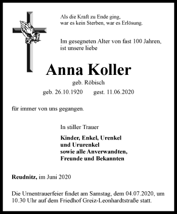 Traueranzeige von Anna Koller von Ostthüringer Zeitung