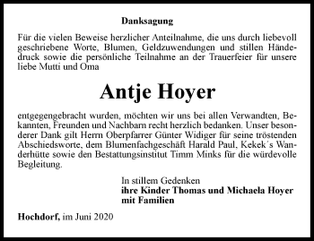 Traueranzeige von Antje Hoyer von Thüringer Allgemeine, Thüringische Landeszeitung