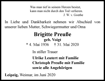 Traueranzeige von Brigitte Preuße von Thüringer Allgemeine, Thüringische Landeszeitung