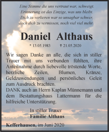 Traueranzeige von Daniel Althaus von Thüringer Allgemeine