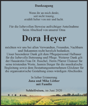 Traueranzeige von Dora Heyer von Ostthüringer Zeitung