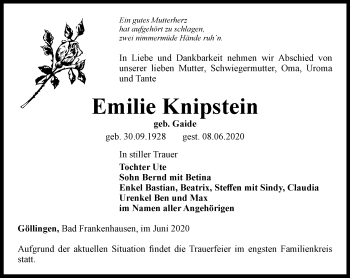 Traueranzeige von Emilie Knipstein von Thüringer Allgemeine