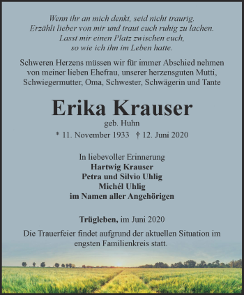 Traueranzeige von Erika Krauser von Ostthüringer Zeitung, Thüringische Landeszeitung