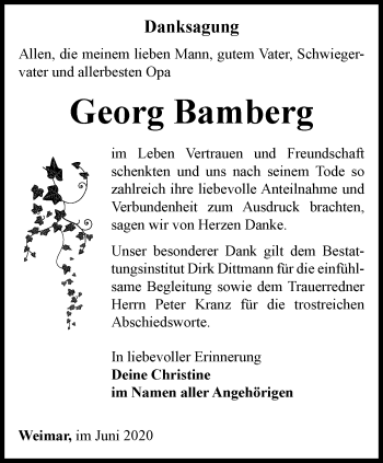 Traueranzeige von Georg Bamberg von Thüringer Allgemeine, Thüringische Landeszeitung