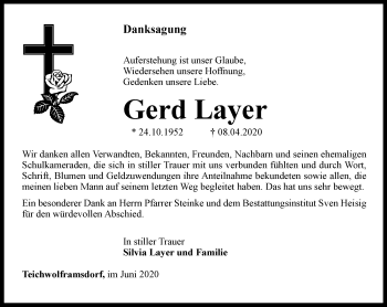 Traueranzeige von Gerd Layer von Ostthüringer Zeitung